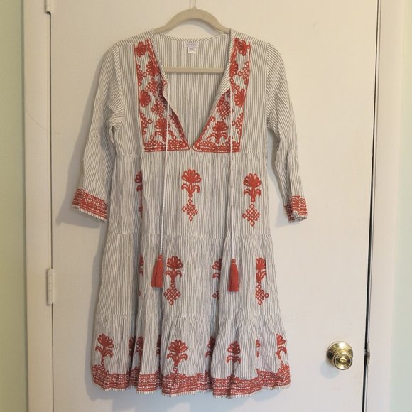 Delfina short, cotton dress, with stripes and red stitched design - Picture 1 of 4